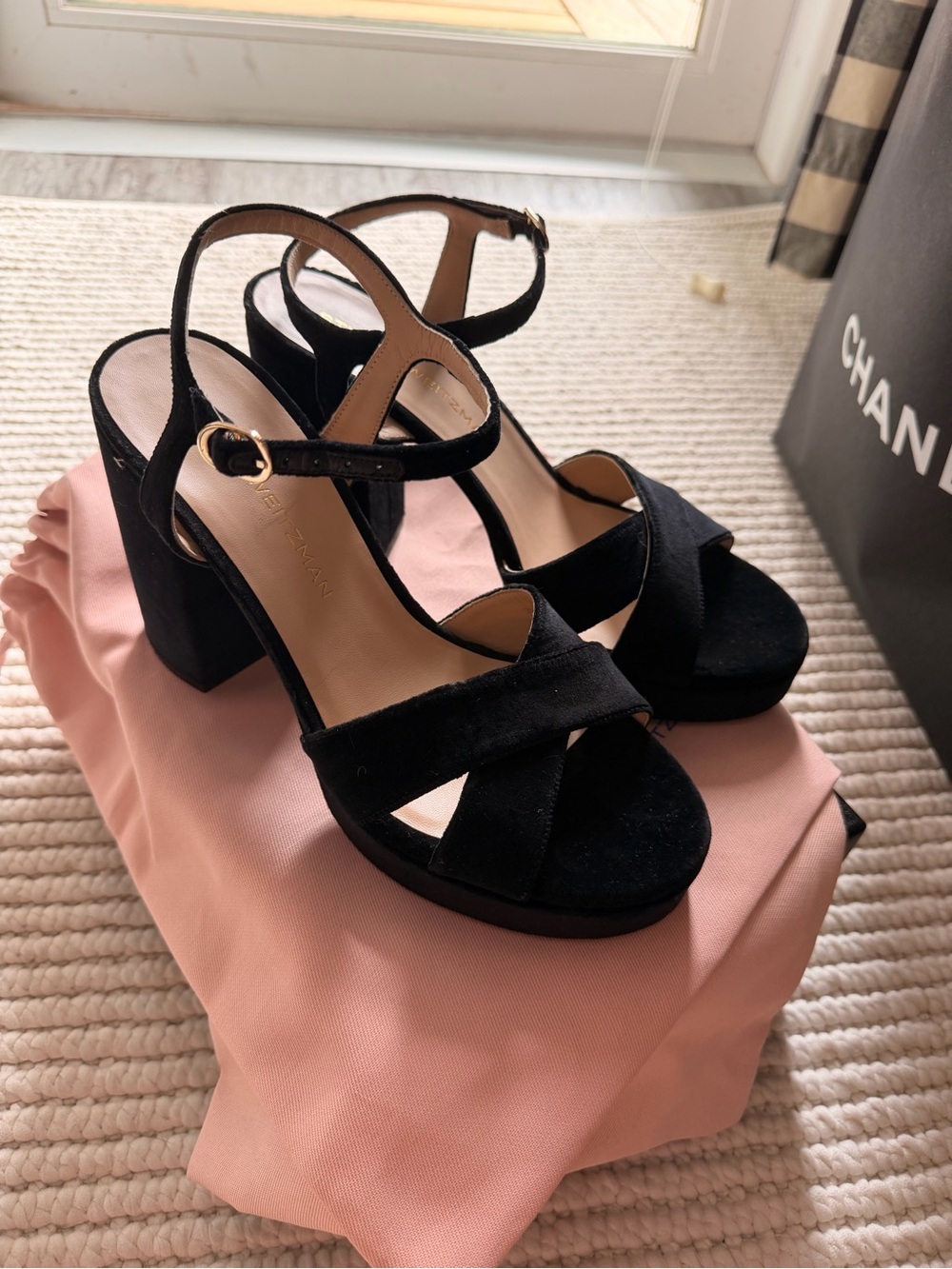 BRAND NEW Stuart Weitzman Black Suede Chunky Heel Sandals - Picture 4 of 5